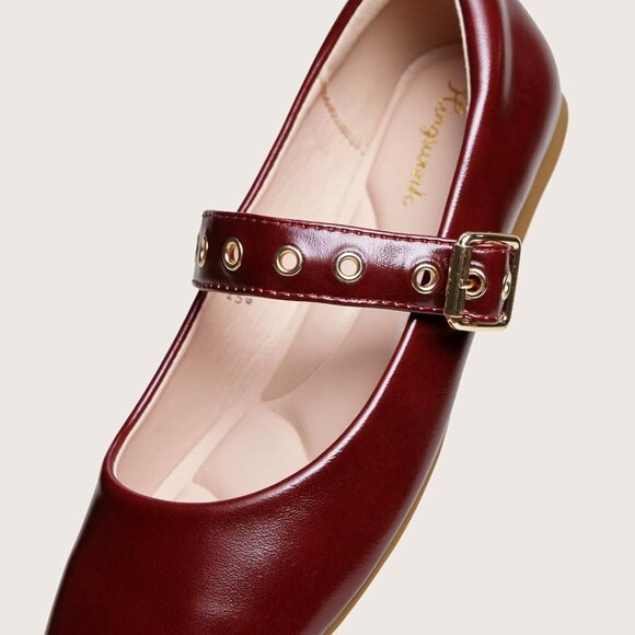 Women Angora Red Polyurethane (PU) Closed Toe Strap Buckle Ballerina Flats - Picture 4 of 6